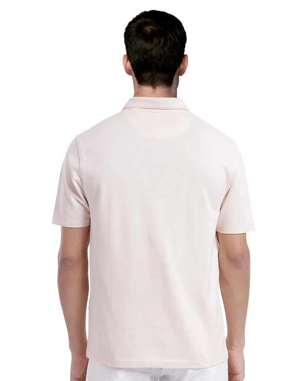 Rare Rabbit Men Aroe Pastel Peach Lycra Pique Fabric Short Sleeve Regular Collared Embroidered Logo Plain Polo
