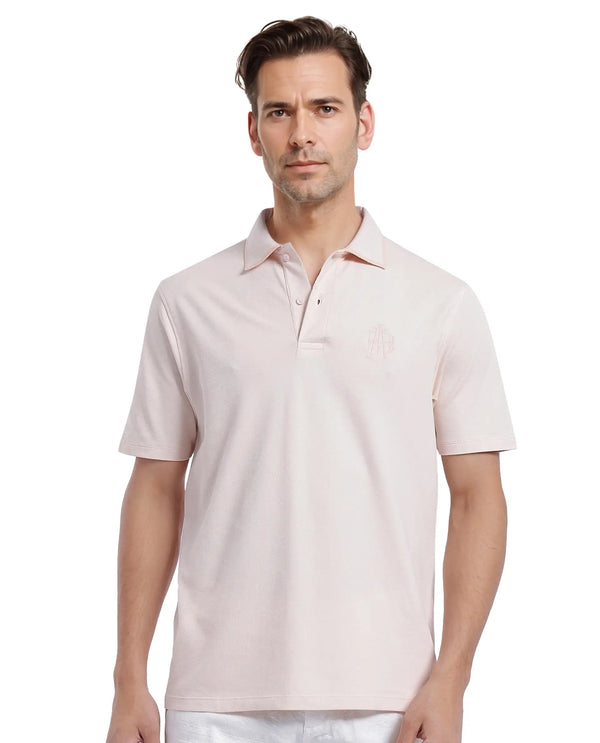 Rare Rabbit Men Aroe Pastel Peach Lycra Pique Fabric Short Sleeve Regular Collared Embroidered Logo Plain Polo