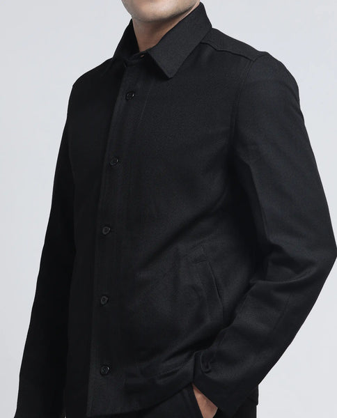 Rare Rabbit Men Aront Black Polyester Fabric Full Sleeve Collared Neck
