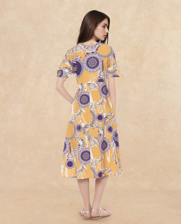 Rareism Women Artash Yellow Nylon Viscose Fabric Cut Away Sleeve Collared Neck A-Line Midi Bandana Print Dress