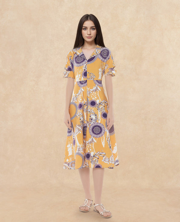 Rareism Women Artash Yellow Nylon Viscose Fabric Cut Away Sleeve Collared Neck A-Line Midi Bandana Print Dress