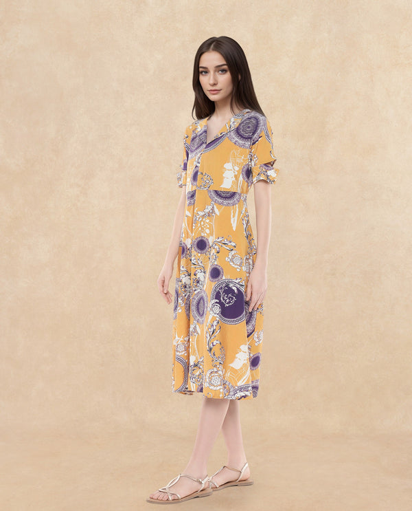 Rareism Women Artash Yellow Nylon Viscose Fabric Cut Away Sleeve Collared Neck A-Line Midi Bandana Print Dress