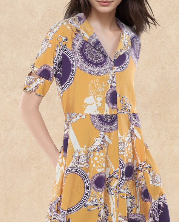 Rareism Women Artash Yellow Nylon Viscose Fabric Cut Away Sleeve Collared Neck A-Line Midi Bandana Print Dress