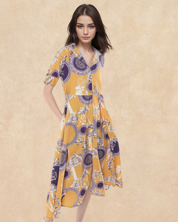 Rareism Women Artash Yellow Nylon Viscose Fabric Cut Away Sleeve Collared Neck A-Line Midi Bandana Print Dress