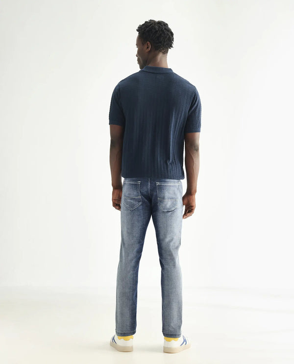 Rare Rabbit Men's Arten Light Blue Mid Wash Mid-Rise Cross Hatch Slim Fit Jeans