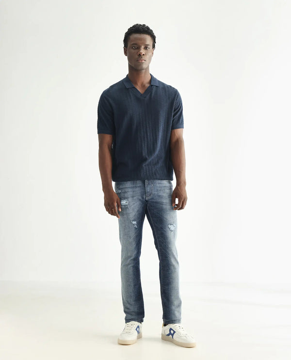 Rare Rabbit Men's Arten Light Blue Mid Wash Mid-Rise Cross Hatch Slim Fit Jeans
