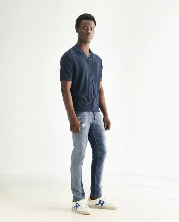 Rare Rabbit Men's Arten Light Blue Mid Wash Mid-Rise Cross Hatch Slim Fit Jeans