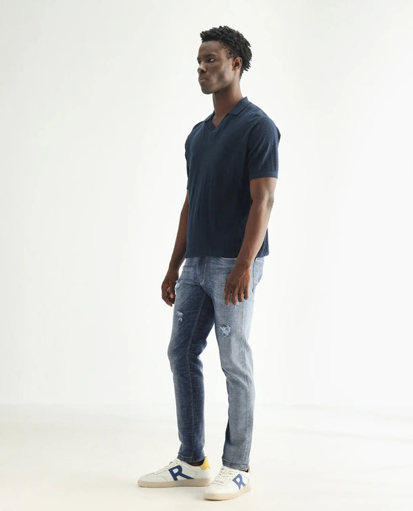 Rare Rabbit Men's Arten Light Blue Mid Wash Mid-Rise Cross Hatch Slim Fit Jeans
