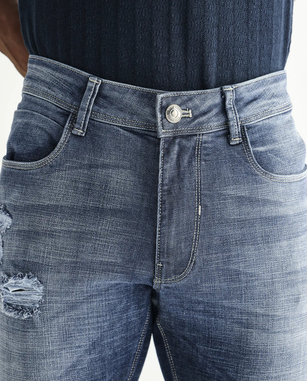Rare Rabbit Men's Arten Light Blue Mid Wash Mid-Rise Cross Hatch Slim Fit Jeans