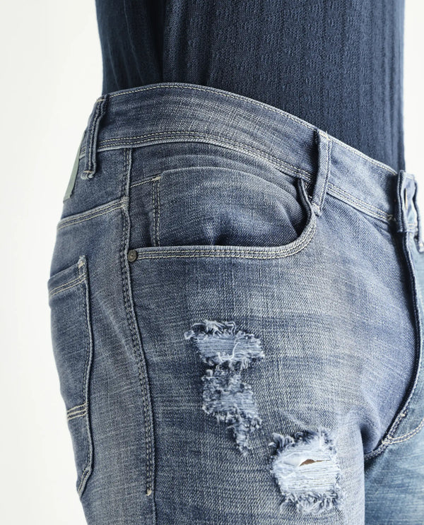 Rare Rabbit Men's Arten Light Blue Mid Wash Mid-Rise Cross Hatch Slim Fit Jeans
