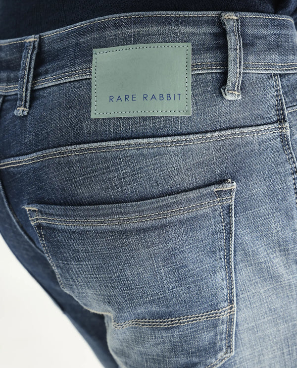 Rare Rabbit Men's Arten Light Blue Mid Wash Mid-Rise Cross Hatch Slim Fit Jeans