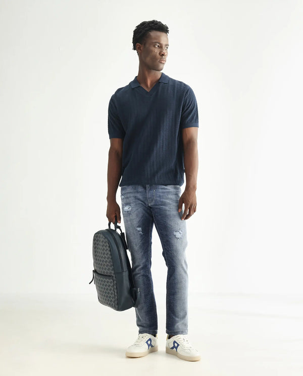 Rare Rabbit Men's Arten Light Blue Mid Wash Mid-Rise Cross Hatch Slim Fit Jeans