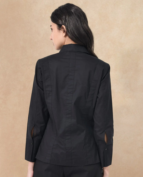 Rareism Women Arthur Black Cotton Fabric Collared Neck Solid Regular Fit Shirt