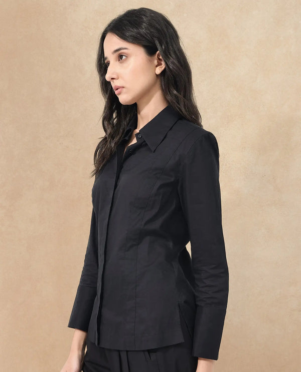 Rareism Women Arthur Black Cotton Fabric Collared Neck Solid Regular Fit Shirt