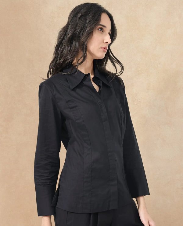 Rareism Women Arthur Black Cotton Fabric Collared Neck Solid Regular Fit Shirt