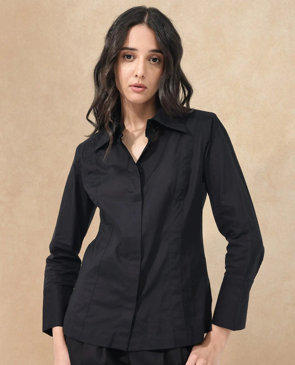 Rareism Women Arthur Black Cotton Fabric Collared Neck Solid Regular Fit Shirt
