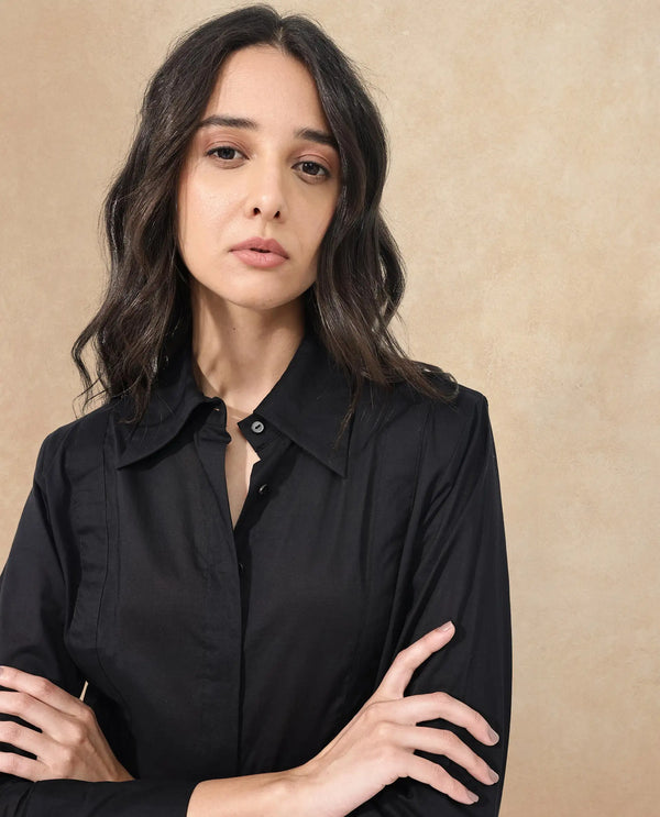 Rareism Women Arthur Black Cotton Fabric Collared Neck Solid Regular Fit Shirt