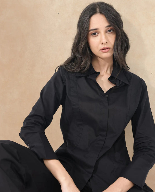 Rareism Women Arthur Black Cotton Fabric Collared Neck Solid Regular Fit Shirt