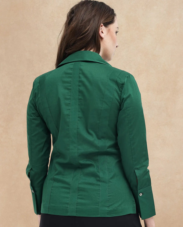 Rareism Women Arthur Dark Green Cotton Fabric Collared Neck Solid Regular Fit Shirt