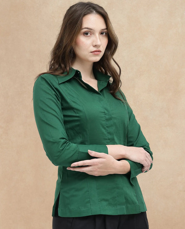 Rareism Women Arthur Dark Green Cotton Fabric Collared Neck Solid Regular Fit Shirt