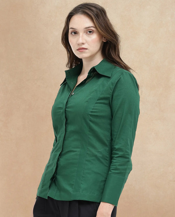 Rareism Women Arthur Dark Green Cotton Fabric Collared Neck Solid Regular Fit Shirt