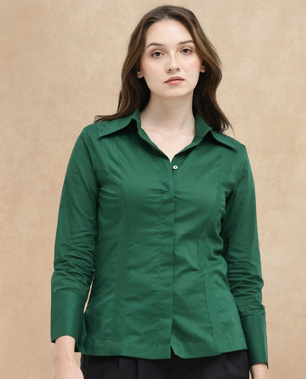 Rareism Women Arthur Dark Green Cotton Fabric Collared Neck Solid Regular Fit Shirt