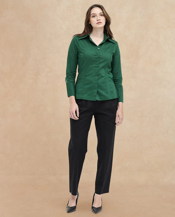 Rareism Women Arthur Dark Green Cotton Fabric Collared Neck Solid Regular Fit Shirt