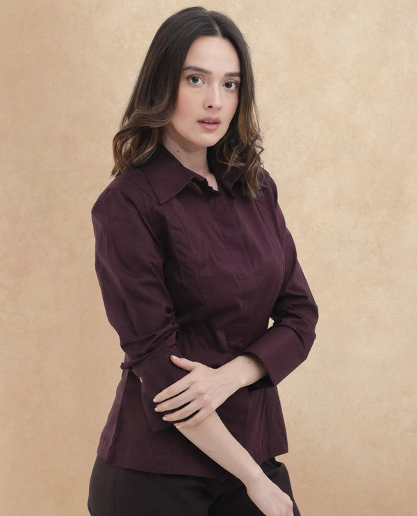 Rareism Women Arthur Dark Purple Cotton Fabric Collared Neck Solid Regular Fit Shirt