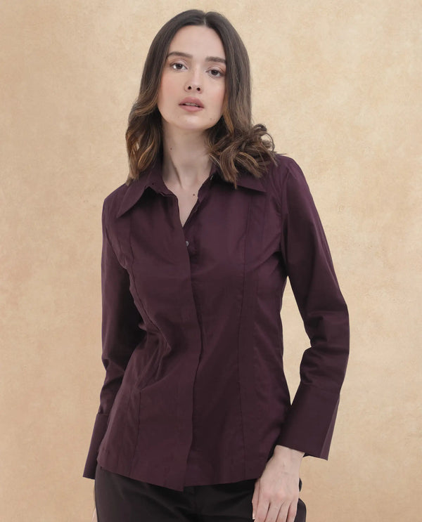 Rareism Women Arthur Dark Purple Cotton Fabric Collared Neck Solid Regular Fit Shirt