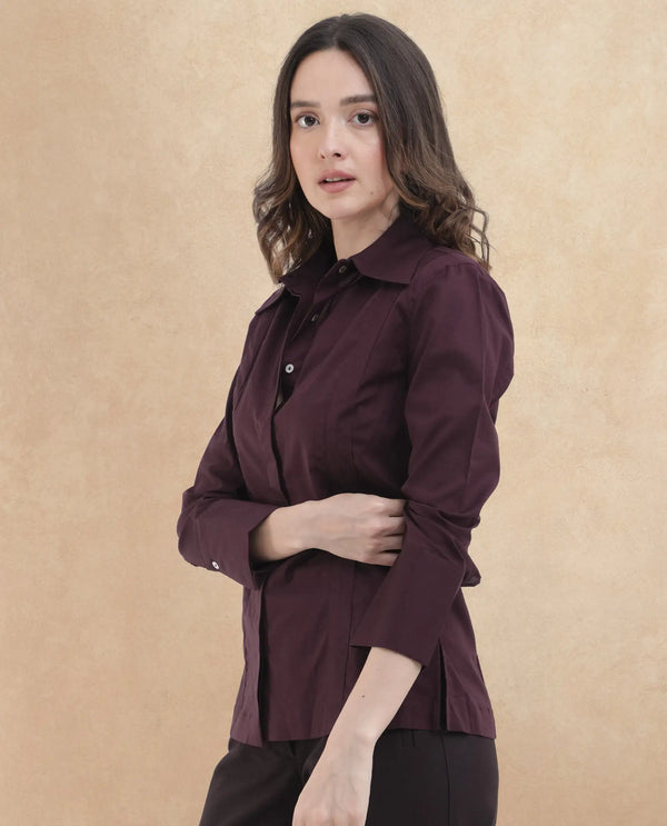 Rareism Women Arthur Dark Purple Cotton Fabric Collared Neck Solid Regular Fit Shirt