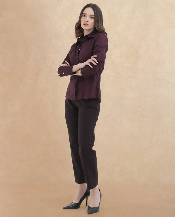 Rareism Women Arthur Dark Purple Cotton Fabric Collared Neck Solid Regular Fit Shirt