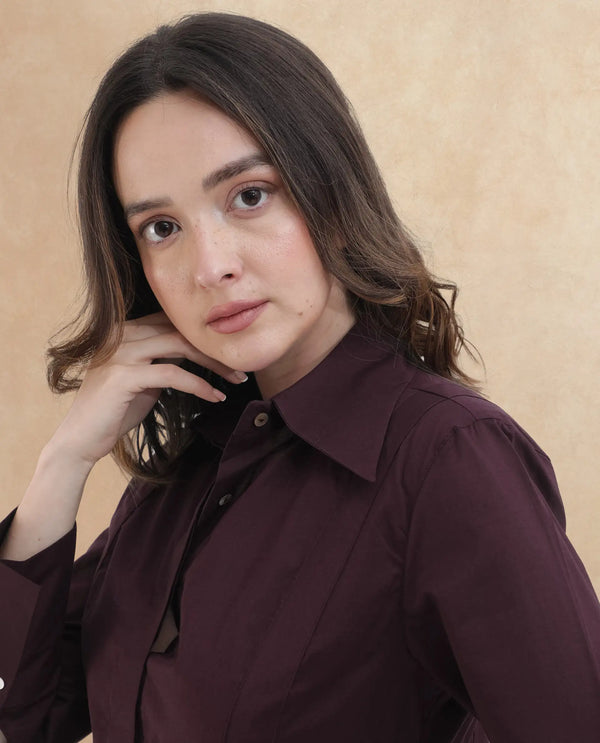 Rareism Women Arthur Dark Purple Cotton Fabric Collared Neck Solid Regular Fit Shirt