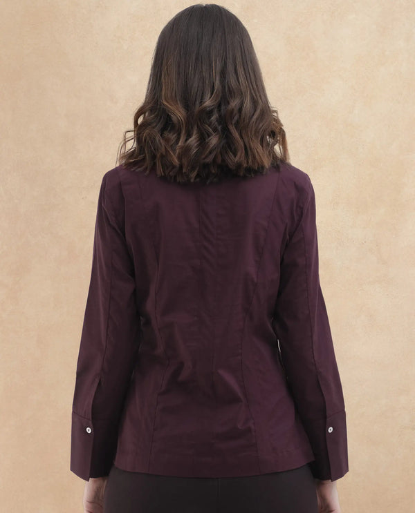 Rareism Women Arthur Dark Purple Cotton Fabric Collared Neck Solid Regular Fit Shirt