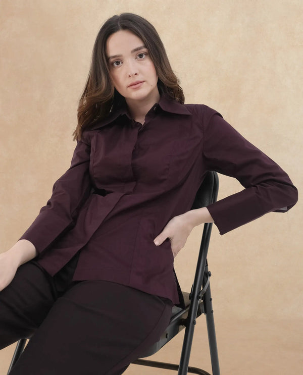 Rareism Women Arthur Dark Purple Cotton Fabric Collared Neck Solid Regular Fit Shirt