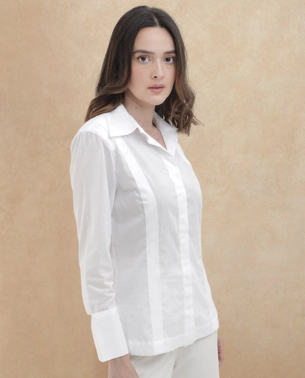 Rareism Women Arthur White Cotton Fabric Collared Neck Solid Regular Fit Shirt