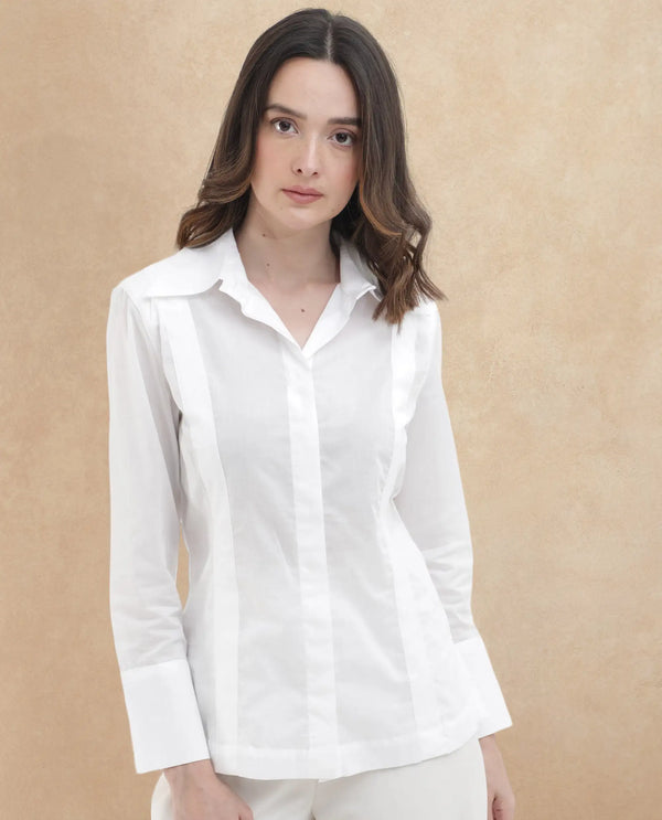Rareism Women Arthur White Cotton Fabric Collared Neck Solid Regular Fit Shirt