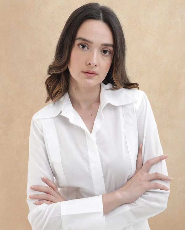 Rareism Women Arthur White Cotton Fabric Collared Neck Solid Regular Fit Shirt