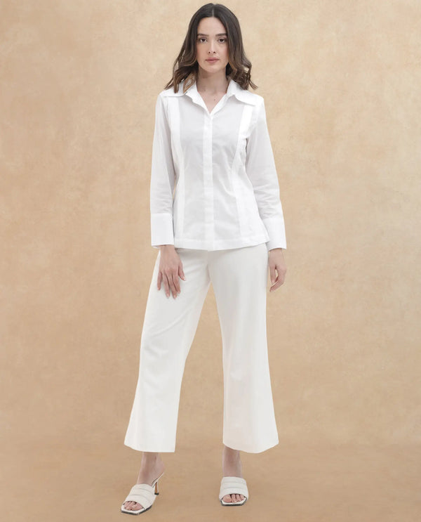 Rareism Women Arthur White Cotton Fabric Collared Neck Solid Regular Fit Shirt