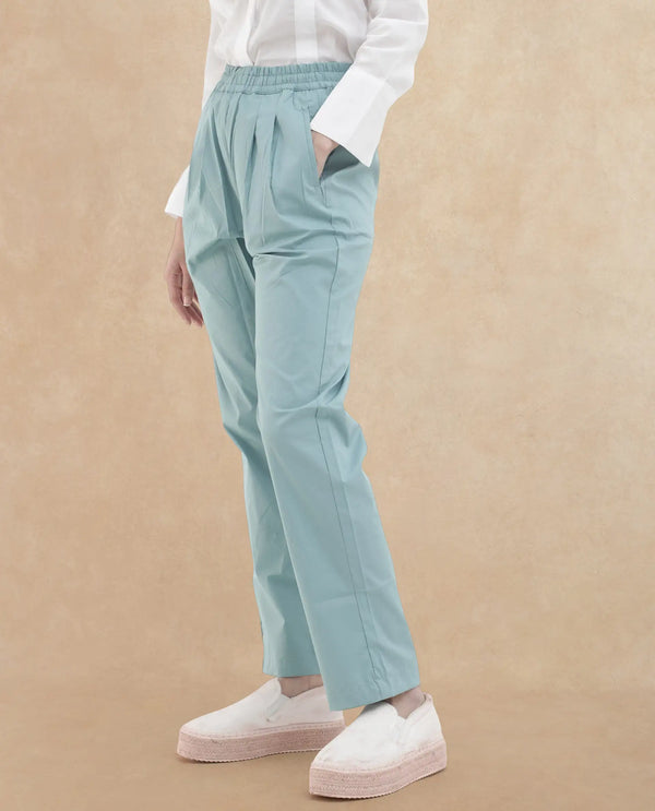 Rareism Women Juven Dark Blue Cotton Fabric Regular Length Trouser