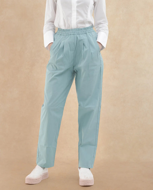 Rareism Women Juven Dark Blue Cotton Fabric Regular Length Trouser