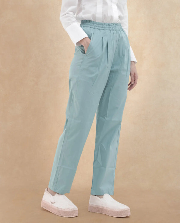 Rareism Women Juven Dark Blue Cotton Fabric Regular Length Trouser