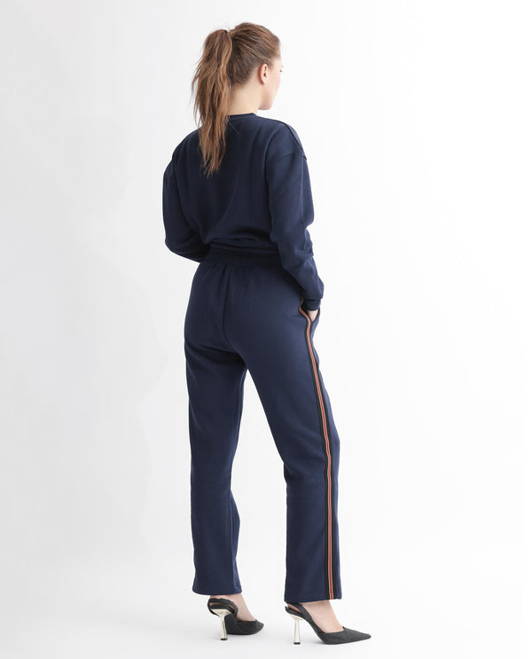 Rareism Women Fronk Navy Poly Cotton Fabric Tailored Fit Solid Mid Rise Ankle Length Track Pant