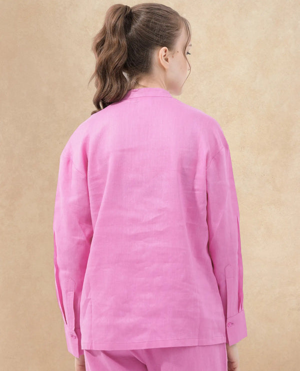 Rareism Women Aruba Pastel Pink Cotton Linen Fabric Collared Neck Solid Regular Fit Shirt