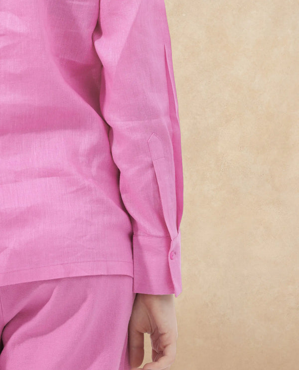 Rareism Women Aruba Pastel Pink Cotton Linen Fabric Collared Neck Solid Regular Fit Shirt