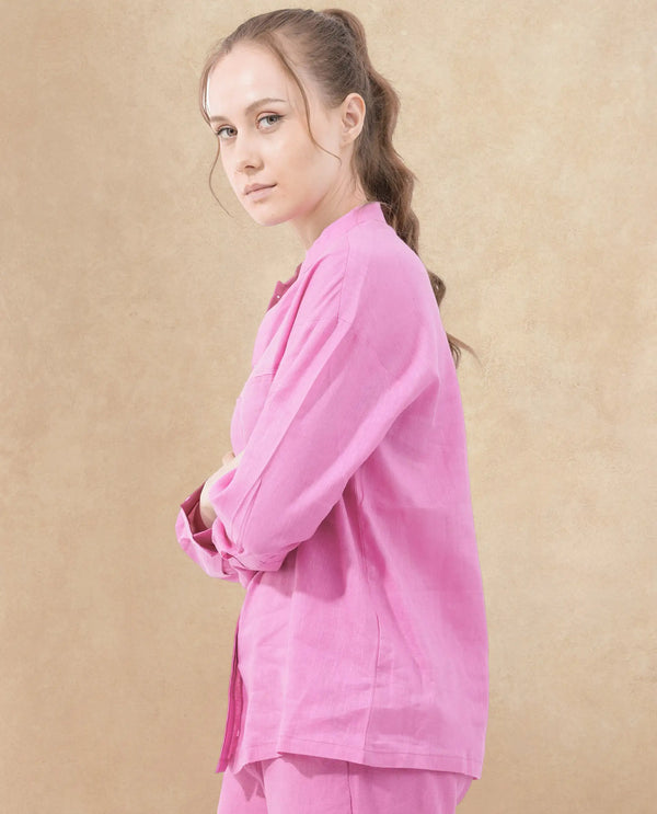 Rareism Women Aruba Pastel Pink Cotton Linen Fabric Collared Neck Solid Regular Fit Shirt