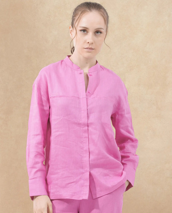 Rareism Women Aruba Pastel Pink Cotton Linen Fabric Collared Neck Solid Regular Fit Shirt