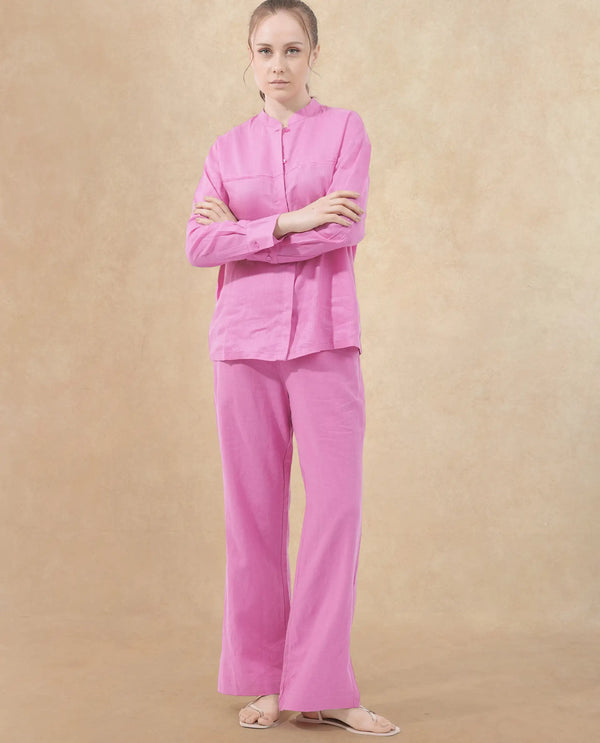 Rareism Women Aruba Pastel Pink Cotton Linen Fabric Collared Neck Solid Regular Fit Shirt