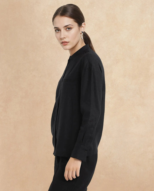 Rareism Women Aruba Black Cotton Linen Fabric Collared Neck Printed Regular Fit Shirt