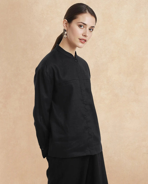 Rareism Women Aruba Black Cotton Linen Fabric Collared Neck Printed Regular Fit Shirt