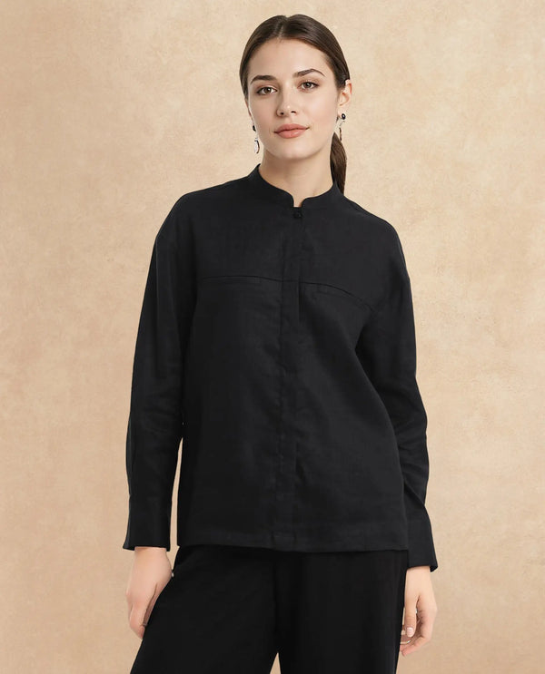 Rareism Women Aruba Black Cotton Linen Fabric Collared Neck Printed Regular Fit Shirt